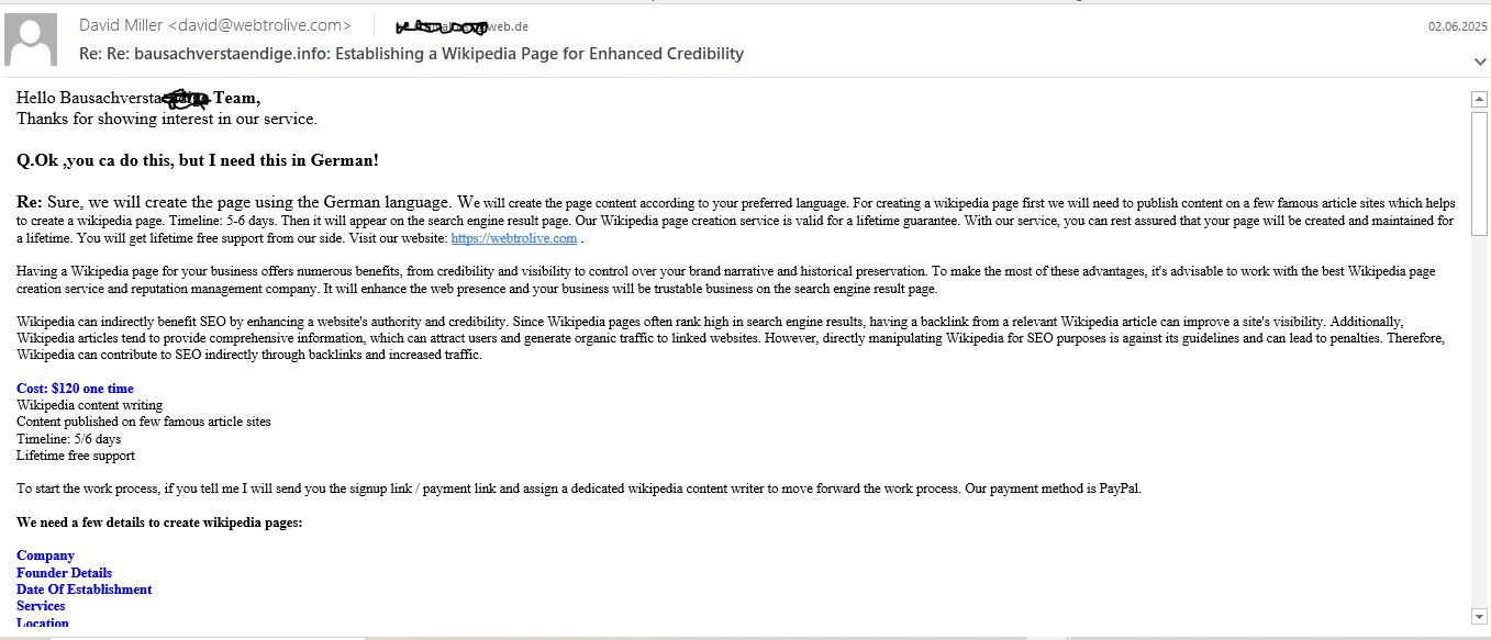 Wikipedia Eintrag Betrug Fake Abzocker Indien, UK & US Vorschussbetrug 6 E-Mails von drei verschiedenen Mitarbeitern der gleichen Firma. Später wurde klargestellt, dass sie verschiedene Funktionen hätten.Sie baten um eine Beschreibung der Firma, Gründungsdatum; Geschäftsführer; Adresse & Tätigkeit. Betrug Fake Eintrag Scam